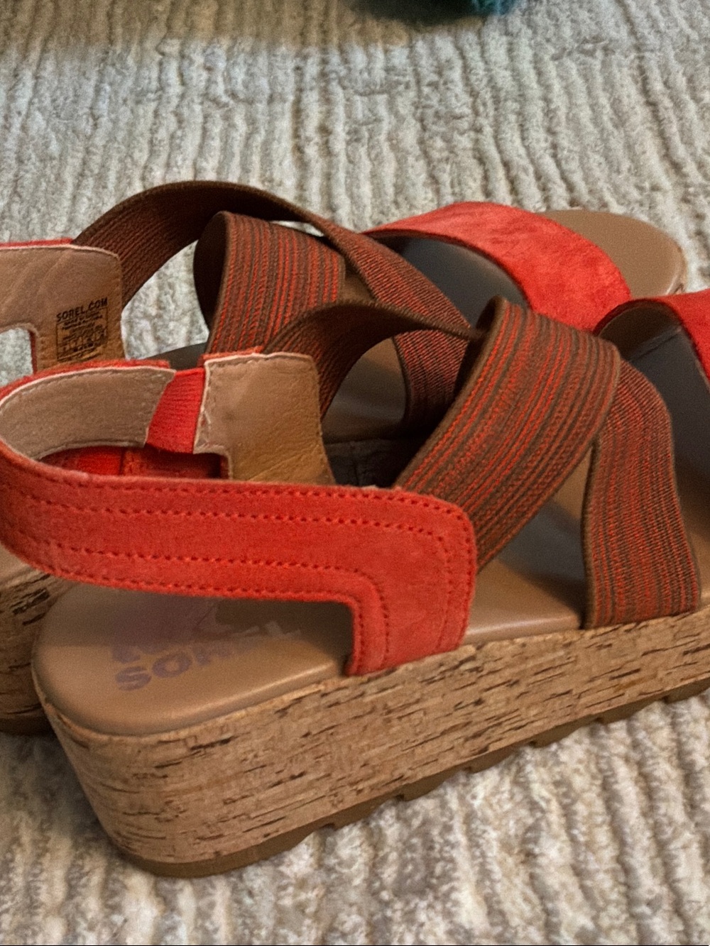 Sorel Women's Coral-Orange Suede Elastic Wedge Sandals